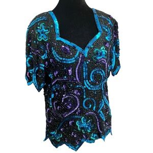 Vintage Laurence Kazar Black Sequin Silk Top Petite Small